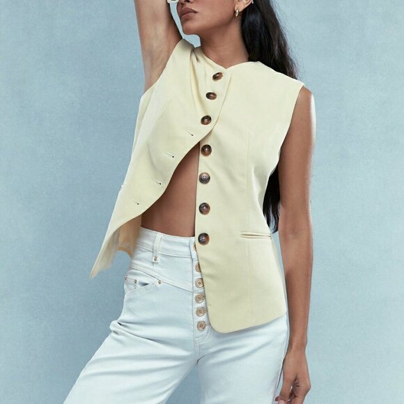 Yellow Casual Women's Tailored Buttoned Sleeveless Backless Jacket - Picture 1 of 5